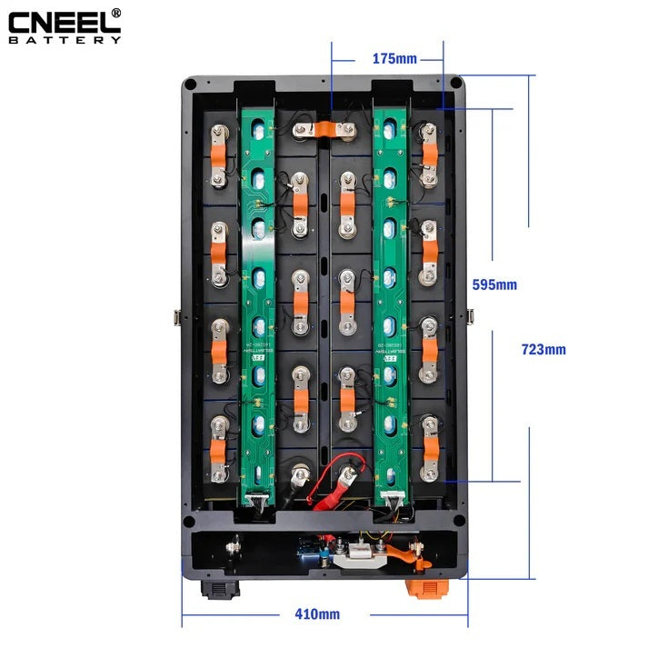 Innenaufbau und Abmessungen der EEL XZH 48V DIY-Batteriebox mit 16 Zellplätzen