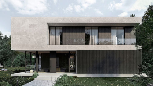 Budmat Fassadenlamellen Referenz – hinterlüftete Fassade in Dekor-Optik