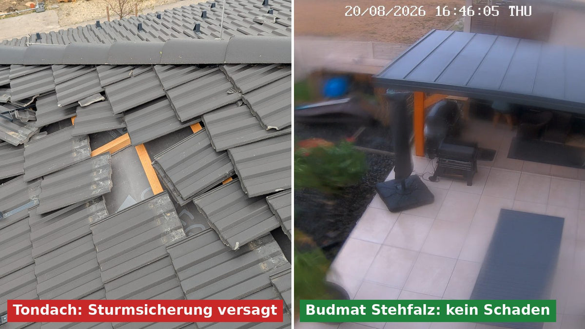 Links Tondach mit aufgeworfenen Ziegeln, rechts Budmat-Stehfalzdach unbeschädigt während des Orkans