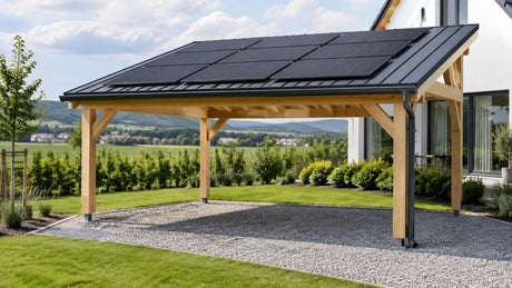 Holz-Carport mit Budmat-Stehfalz-Pultdach und 9 schwarzen PV-Modulen im Querformat