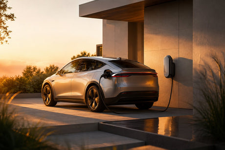 Elektroauto lädt an Wallbox am modernen Haus