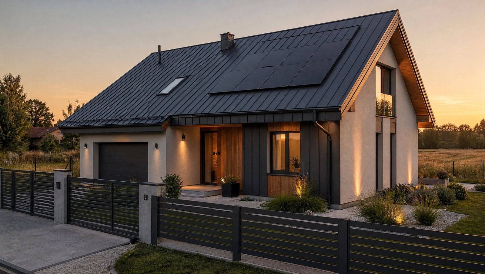 Modernes Einfamilienhaus mit anthrazitfarbenem Stehfalzdach, Photovoltaikanlage, Metallfassade und dunklem Zaun im Abendlicht
