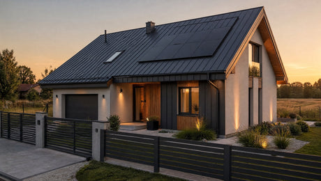 Modernes Einfamilienhaus mit anthrazitfarbenem Stehfalzdach, Photovoltaikanlage, Metallfassade und dunklem Zaun im Abendlicht