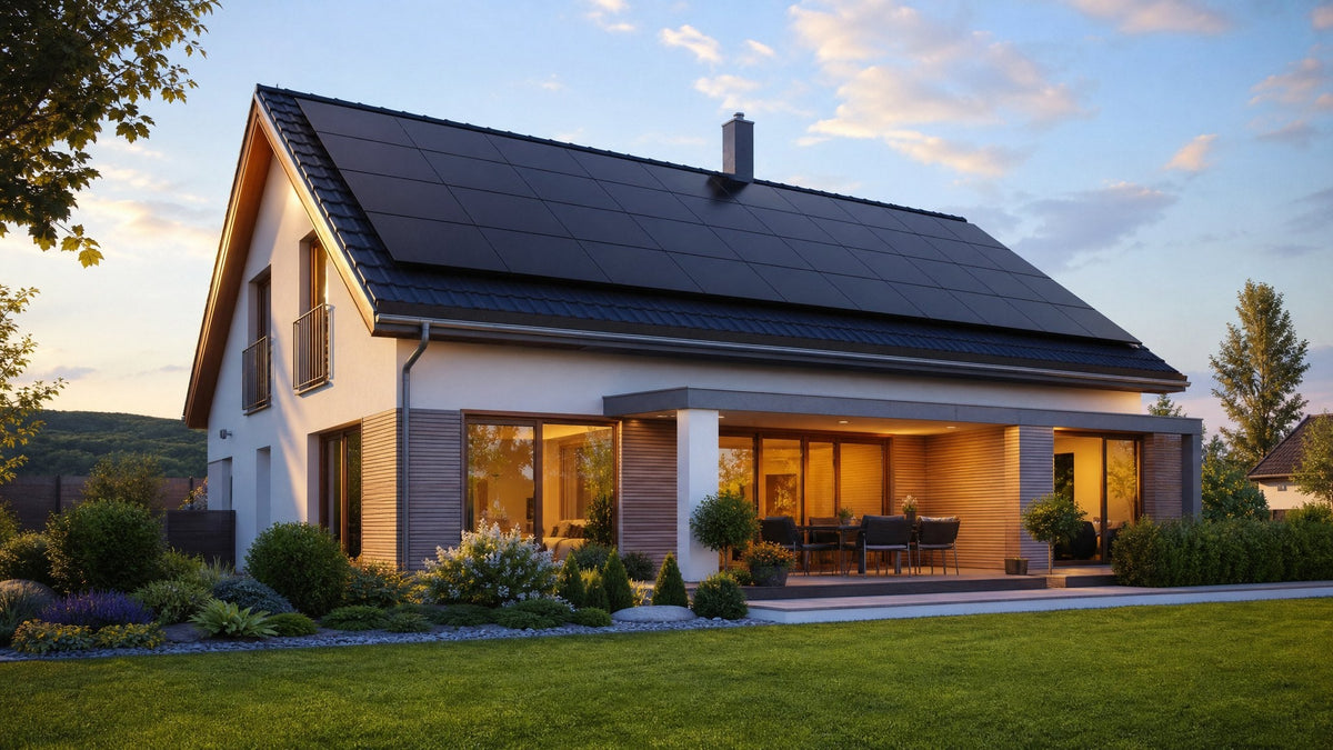 Modernes Einfamilienhaus mit Photovoltaikanlage auf dem Dach im Abendlicht – EEG 2027