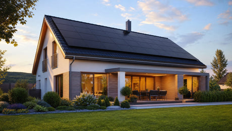 Modernes Einfamilienhaus mit Photovoltaikanlage auf dem Dach im Abendlicht – EEG 2027