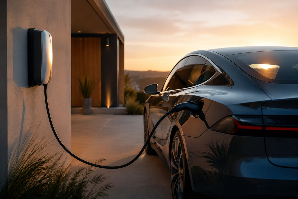 Wallbox lädt Elektroauto am modernen Haus