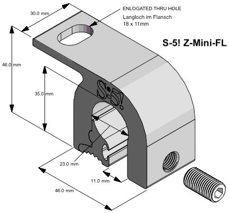 S-5! Z-Mini-Flange-Klemme Maßzeichnung mit Abmessungen