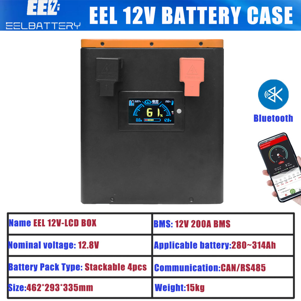 Technische Daten der EEL 12V LCD Box: 12,8 V, 280–314 Ah, CAN/RS485, 462 x 293 x 335 mm