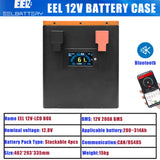 Technische Daten der EEL 12V LCD Box: 12,8 V, 280–314 Ah, CAN/RS485, 462 x 293 x 335 mm