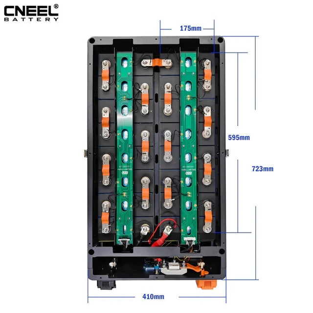 Innenaufbau und Abmessungen der EEL XZH 48V DIY-Batteriebox mit 16 Zellplätzen
