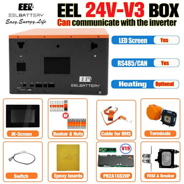 Übersichtsgrafik der EEL 24V V3 Box mit Ausstattung und mitgeliefertem Zubehör wie Busbars, BMS-Kabel und Sicherung