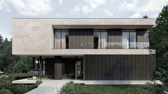 Budmat Fassadenlamellen Referenz – hinterlüftete Fassade in Dekor-Optik