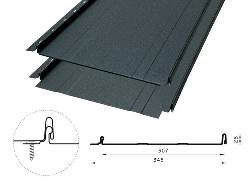 Budmat Prime Click S Stehfalz-Dachpaneel – Profil mit Querschnitt, Gesamtbreite 345 mm, Deckbreite 307 mm
