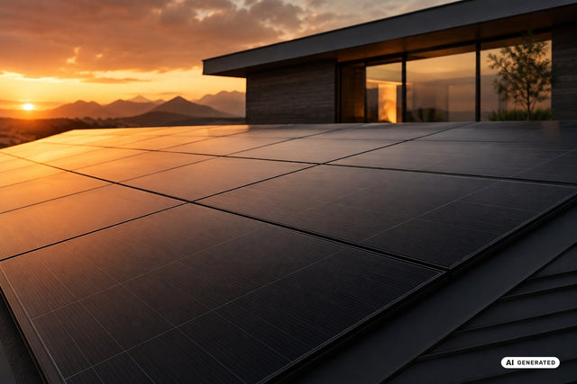 Schwarze Solarmodule auf modernem Dach in Golden Hour (KI-generiert)