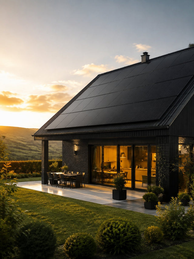 Modernes Einfamilienhaus mit Photovoltaik-Anlage bei Sonnenuntergang