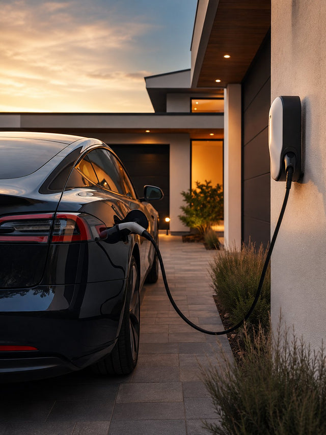 Elektroauto lädt an einer Wallbox vor einem modernen Wohnhaus
