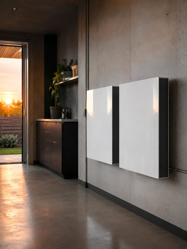 Wandmontierte Batteriespeicher in einem modernen Hauswirtschaftsraum